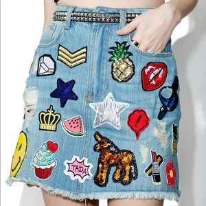 Dolls Kill Embroidered Patch Denim Skirt